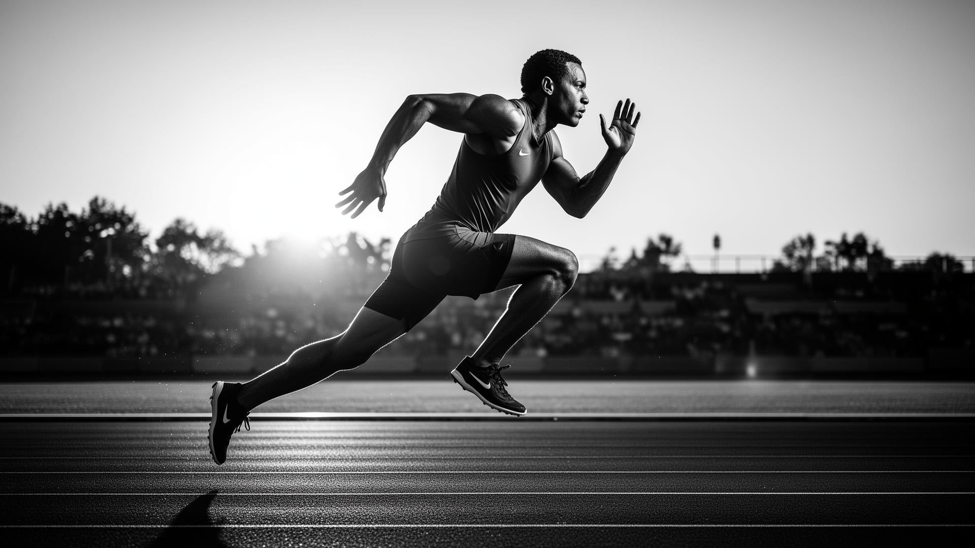 Athlete sprinting on a track at sunrise