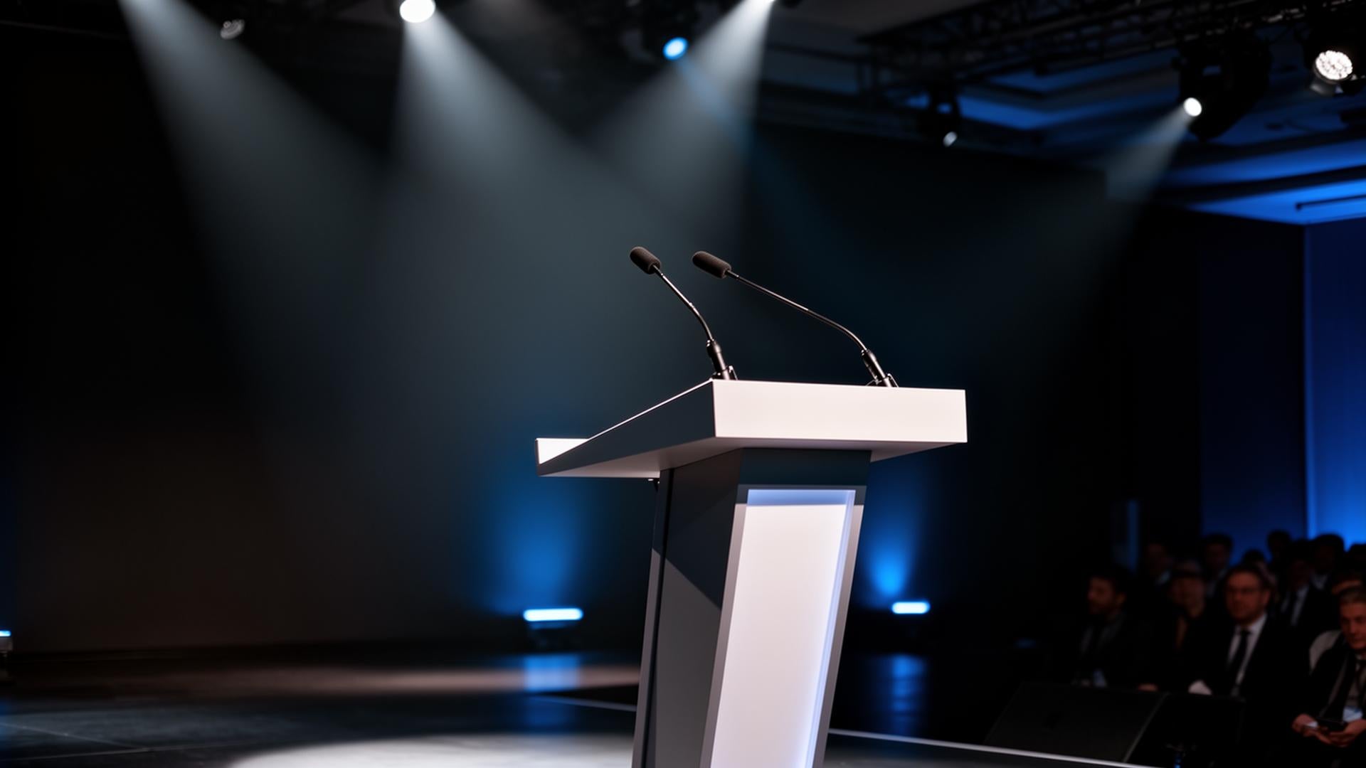 Press conference stage with dramatic lighting