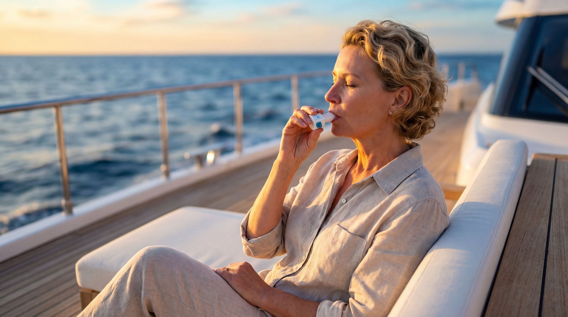 Woman using NADairX® on a yacht at sunset